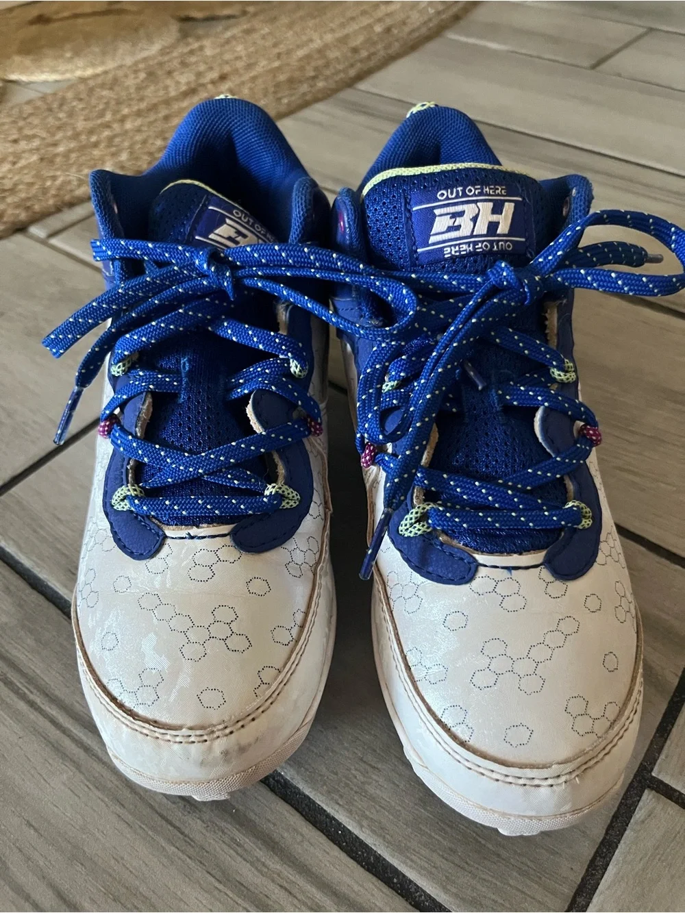 Under Armour Kids White and Blue Cleats with Neon Accents